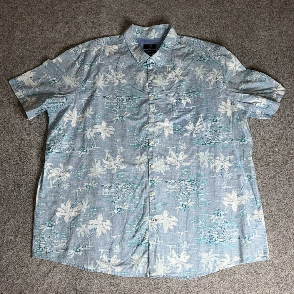 George Mens Hawaiian Shirt 2XL Blue Short Sleeve Button Down 100% Cotton‎